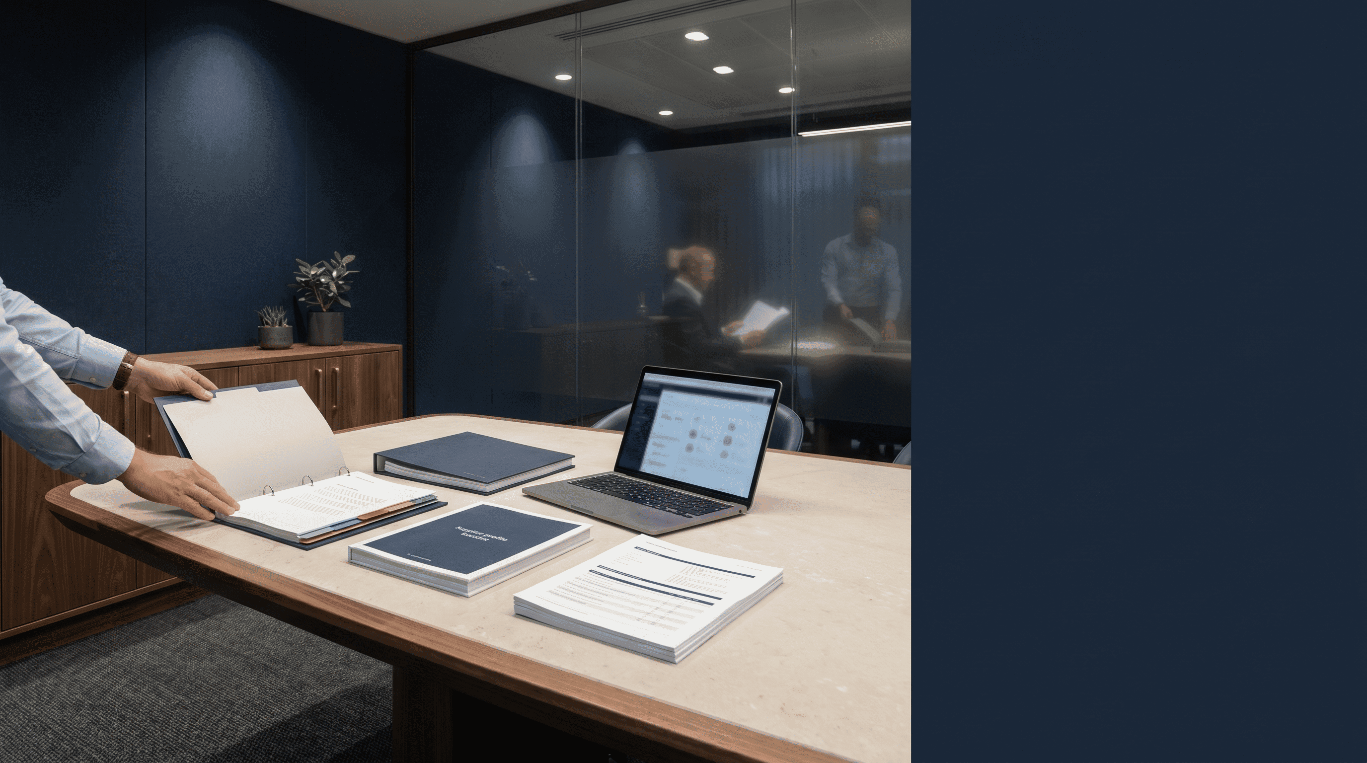 Organised procurement readiness documents and supplier evidence being reviewed in a high-end corporate office.