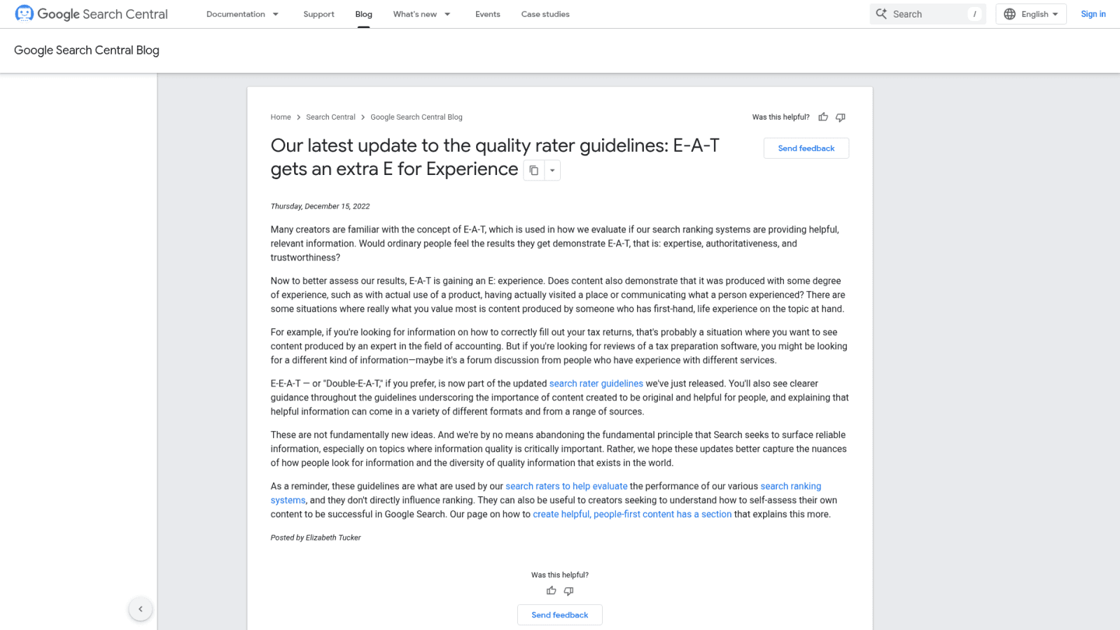 Google Search Central E-E-A-T December 2022 update post