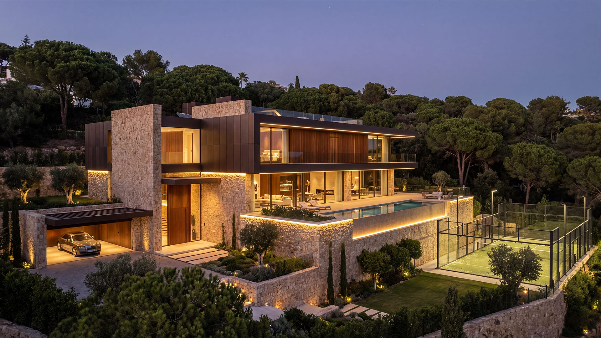 Private padel court at a luxury villa in East Marbella during golden hour