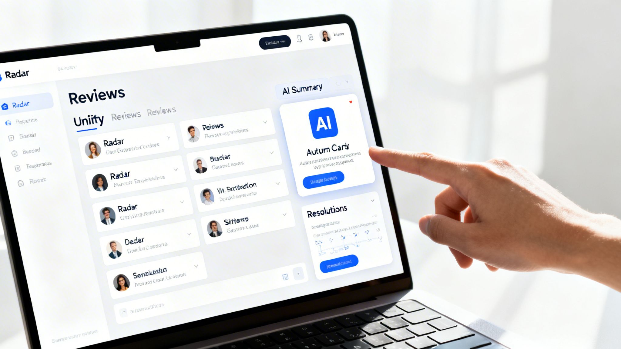 A person's hand pointing at an AI summary card on a laptop screen displaying a reviews software.