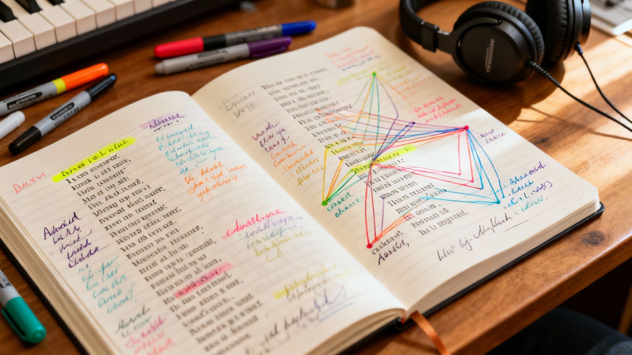 A person writing song lyrics in a notebook with headphones on, visualizing the creative process.