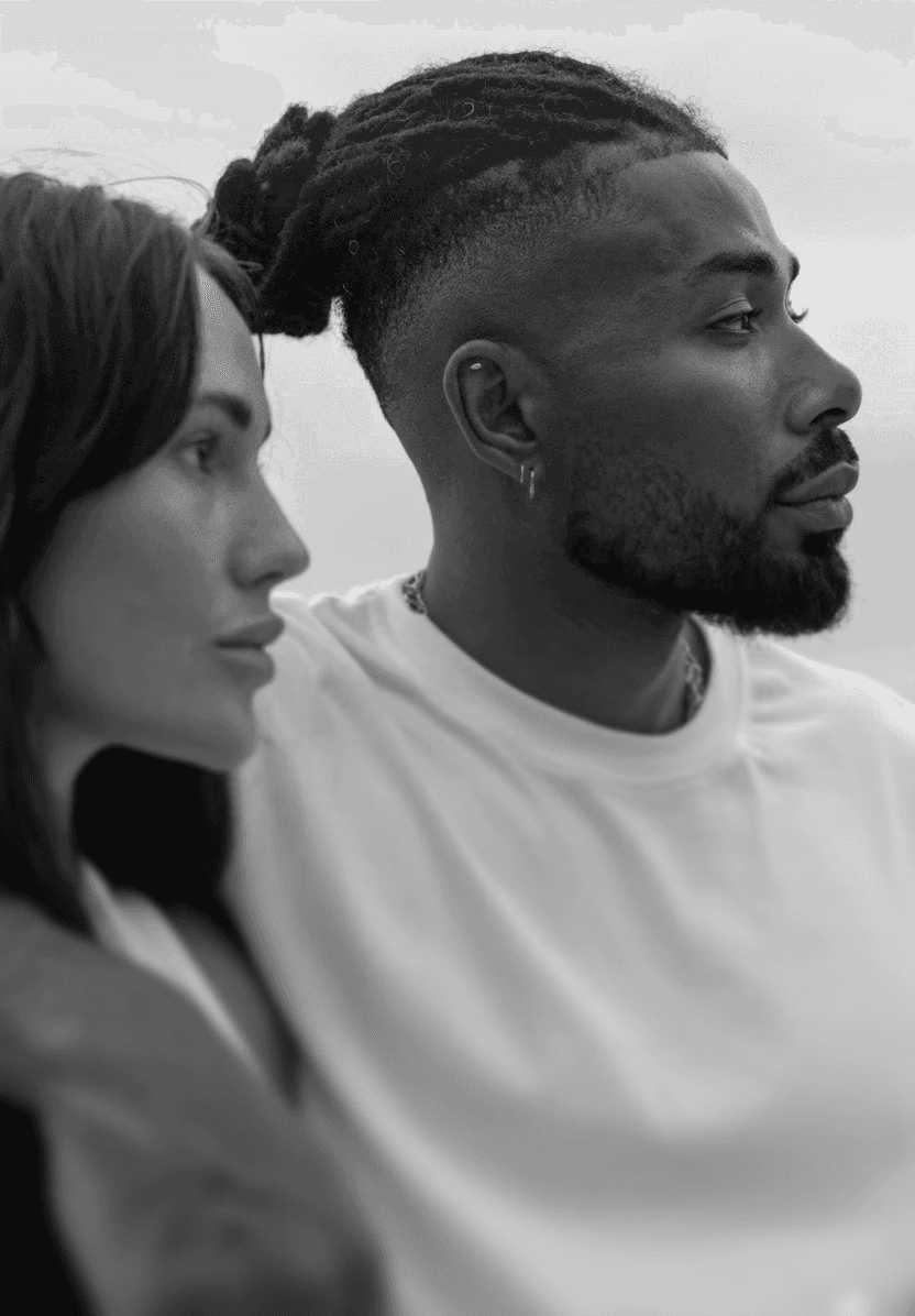 A man with dreadlocks and a woman look off into the distance, with a hand on the woman's shoulder.