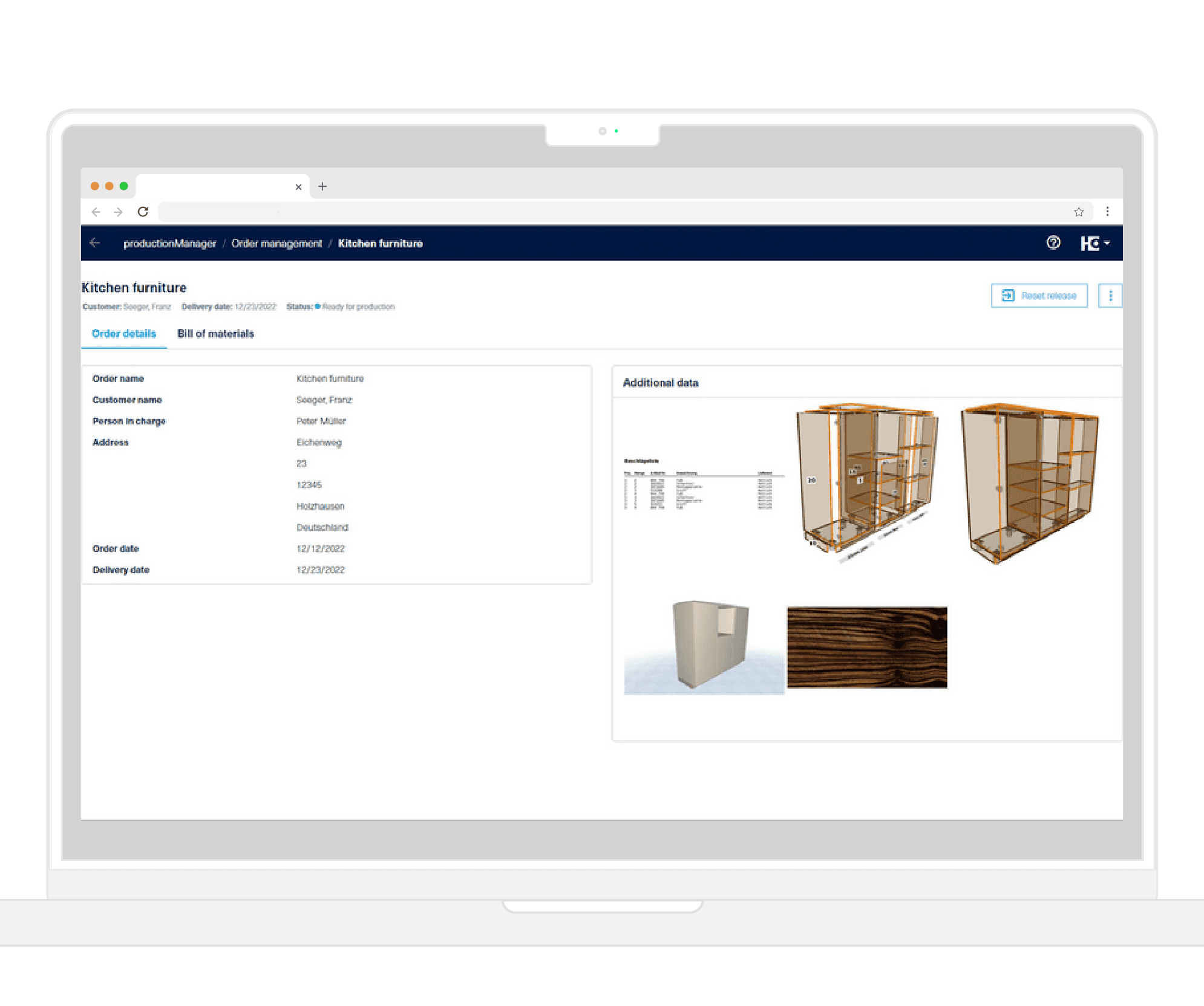 Detail view of an order created in productionManager with ERP and CAD/CAM data, opened on a laptop.