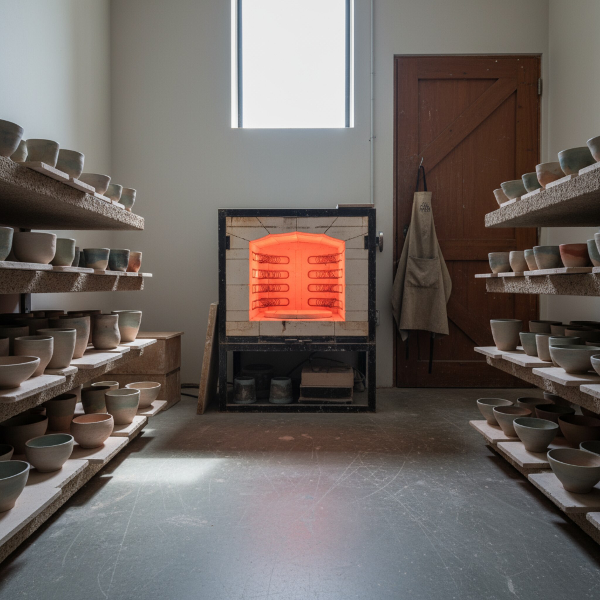 Ein geöffneter Keramikofen strahlt gedämpftes, rötliches Licht ab. Auf Schamottplatten stehen sorgfältig platzierte Becher und kleine Vasen, die Glasur noch matt. Der Raum wirkt ruhig und geordnet, feiner Staub liegt auf dem Boden. Eine Hitzeschürze hängt neben der Tür, bereit für den nächsten Brand.