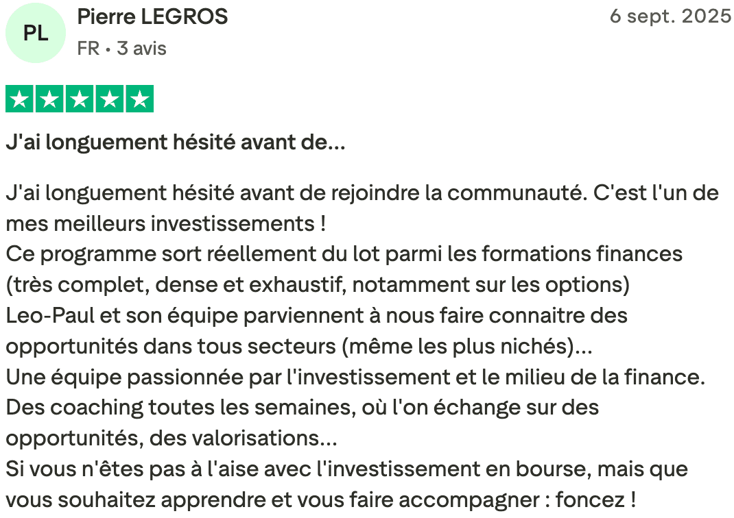 Avis Trustpilot 5 étoiles – Pierre Legros, France, formation bourse complète et options avec coaching hebdomadaire Léo-Paul