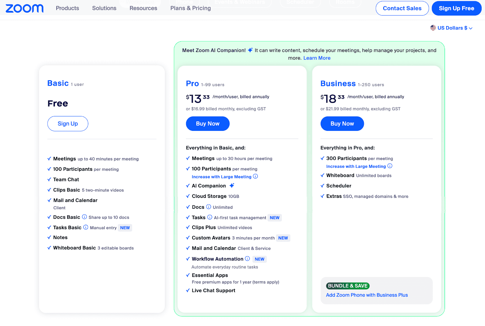 Zoom’s 2025 pricing plans table and feature comparison