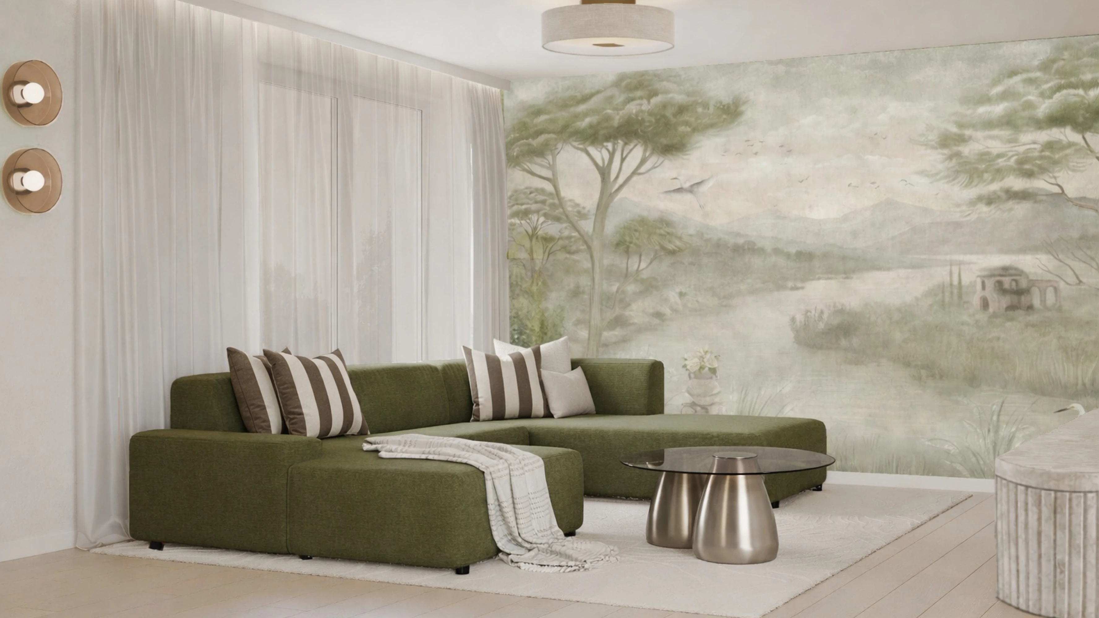 Salon z zieloną sofą narożną oraz panoramiczną tapetą inspirowaną naturą.