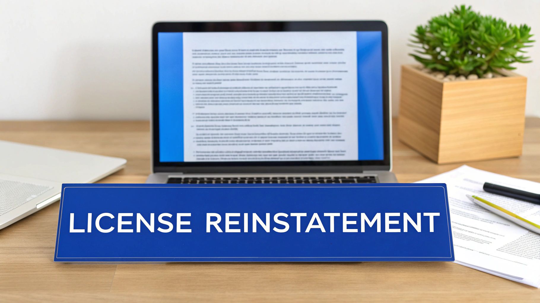 A blue desk sign displays 'LICENSE REINSTATEMENT' with a laptop and documents on a wooden desk.