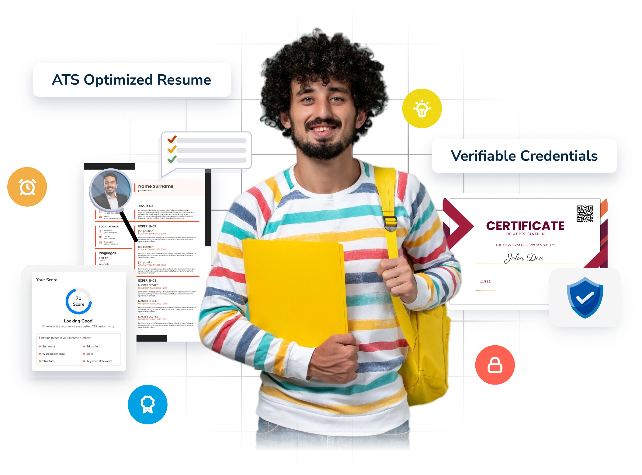 A young man holding a yellow folder, surrounded by icons and visuals representing an ATS-optimized resume, verifiable credentials, a resume score, and a professional certificate. The image highlights elements like AI-generated cover letters, resume templates, and the importance of skills and experiences in resume building."