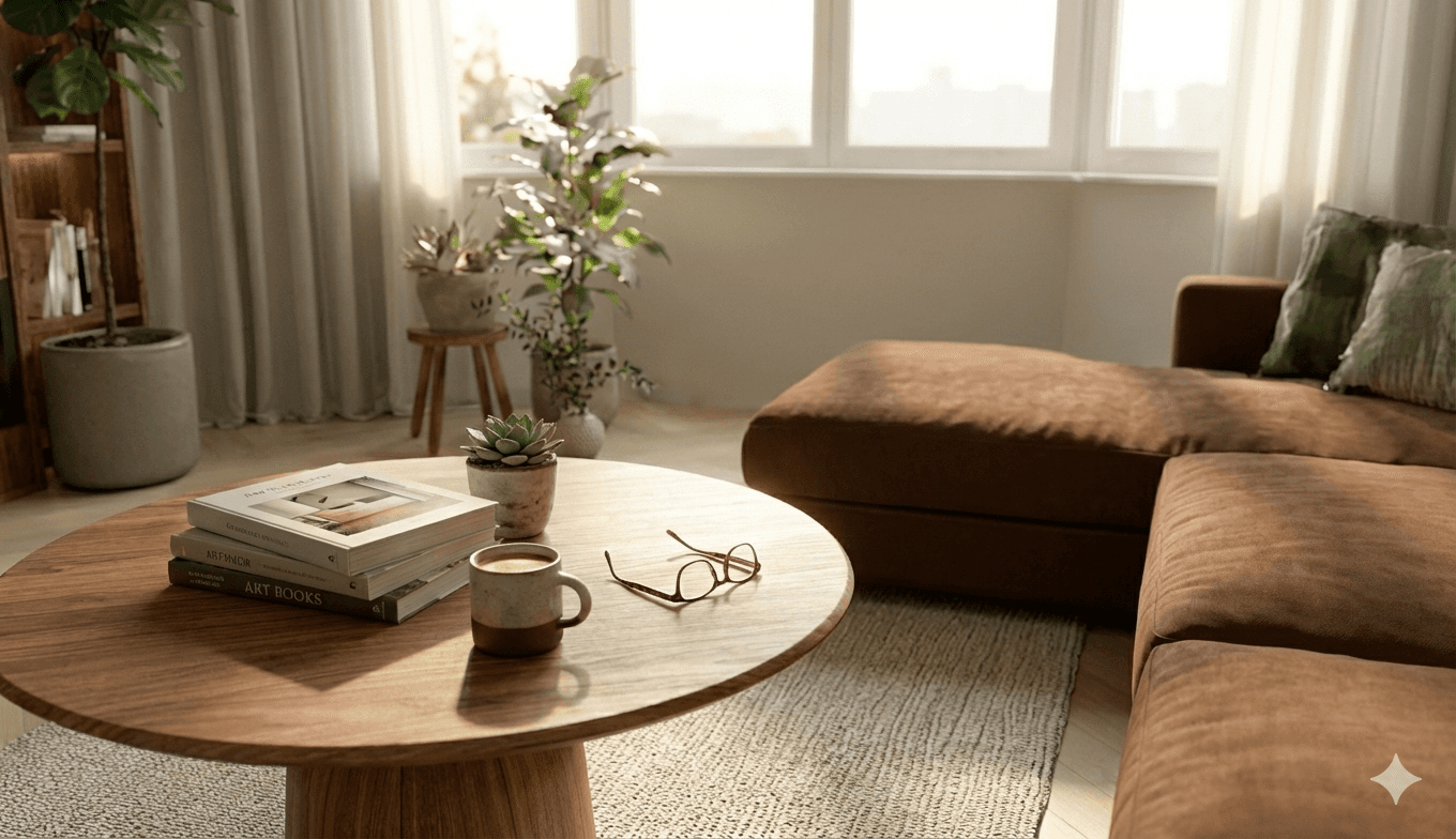 Rammed-earth space with curved walls, wooden seating, and soft daylight from a tall window.