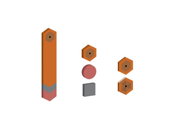 A 3D isometric illustration shows a tall orange rectangular prism with a pink lower section and a gray band near the base. To its right are three small orange hexagons: one with a small dark circle, one with a small dark circle, and one with a small dark circle. A small pink circle is positioned between the hexagons. A small gray cube is positioned between the hexagons.
