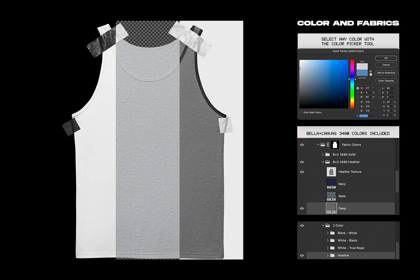 Bella+Canvas 3480 Tanktop Taped mockup fabric color options with Photoshop controls