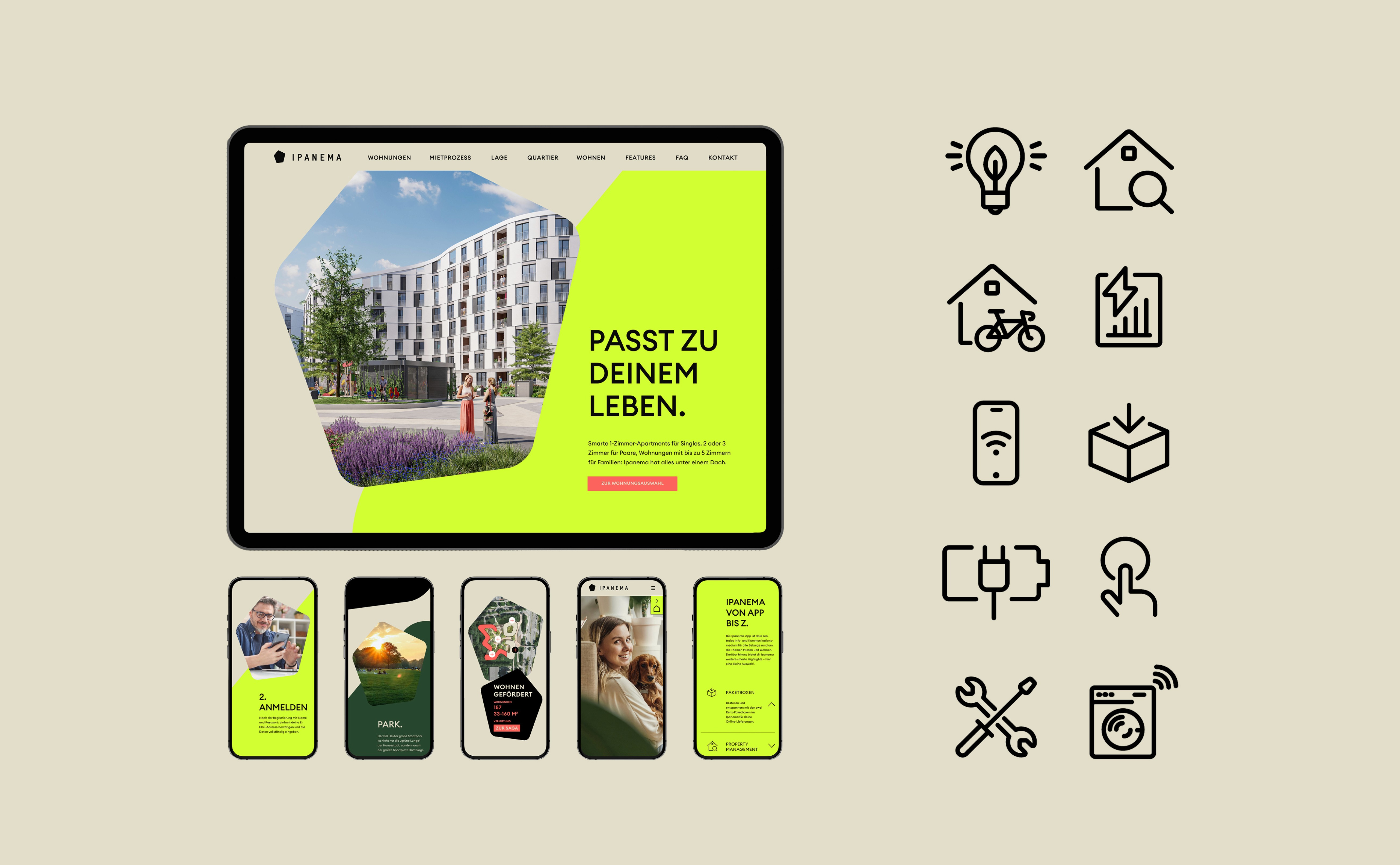 Tablet mit Websiteansicht eines modernen Wohngebäudes und daneben fünf Smartphones mit verschiedenen App-Bildschirmen darunter neun schwarz-weiße Icons zu Energie, Haus, Fahrrad, Statistik, Smartphone, Paket, Stecker, Hand und Werkzeug