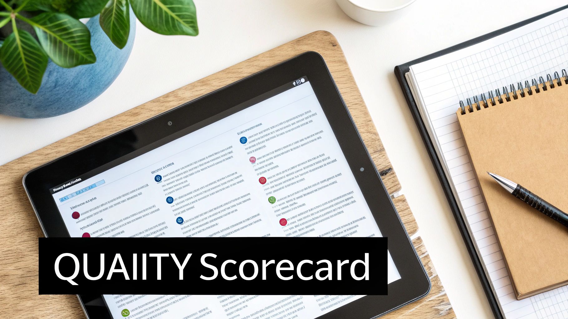 A tablet displaying a 'Quality Scorecard' on a wooden desk next to a plant, notebooks, and a pen.
