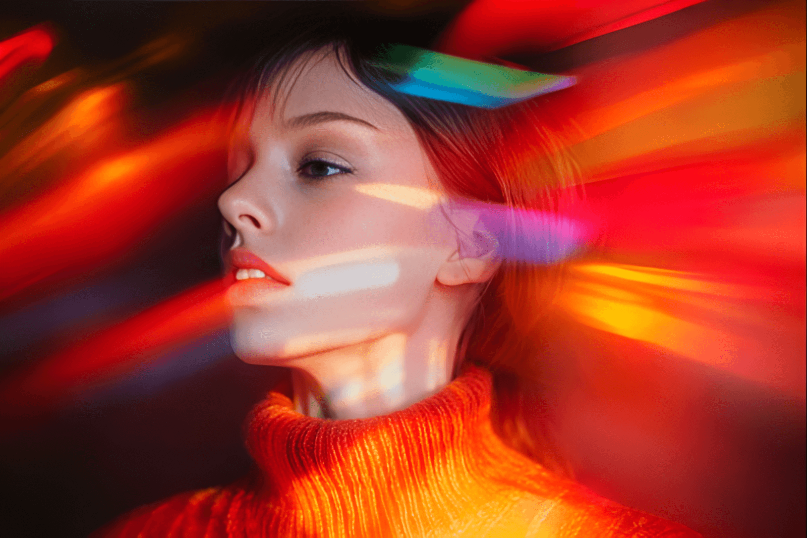 Woman with closed eyes is surrounded by vibrant, colorful, flowing fabric creating an artistic, dreamy effect.