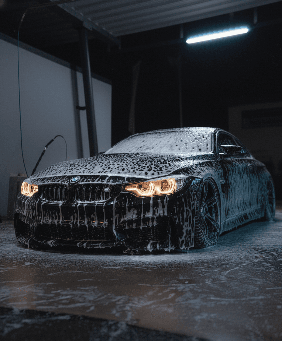 A sleek, modern car is being washed in a dimly lit car wash bay, covered in soap suds.
