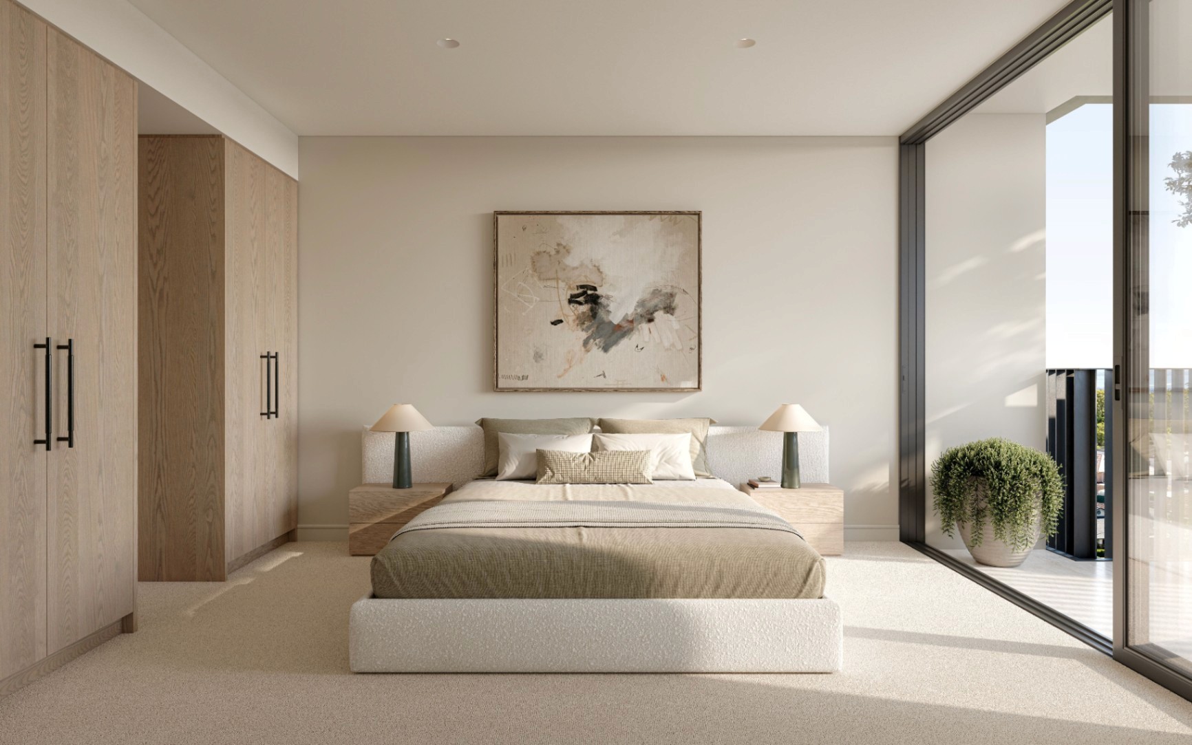 Calm master bedroom with built in wardrobes, soft finishes, and balcony access