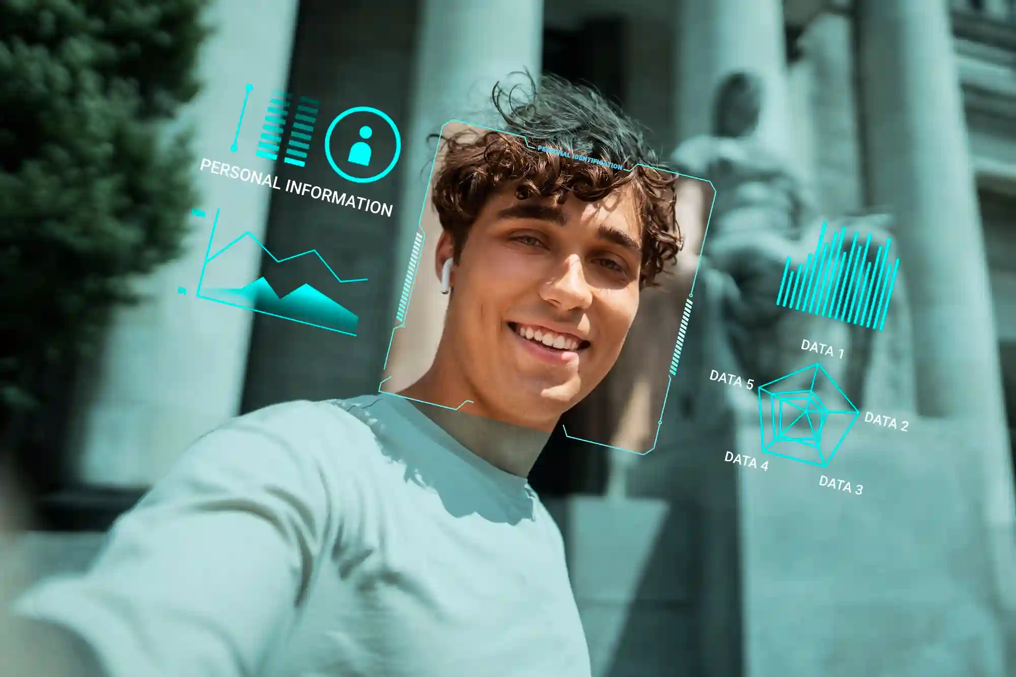 A young man uses facial recognition technology with data overlays to verify his identity and personal information online.