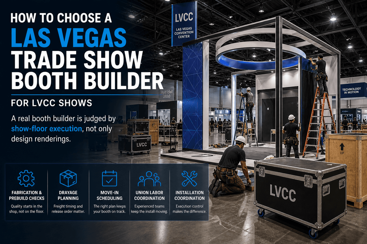 Trade show booth structure being staged on the LVCC show floor with freight cases, crew activity, and installation setup for a Las Vegas exhibition project