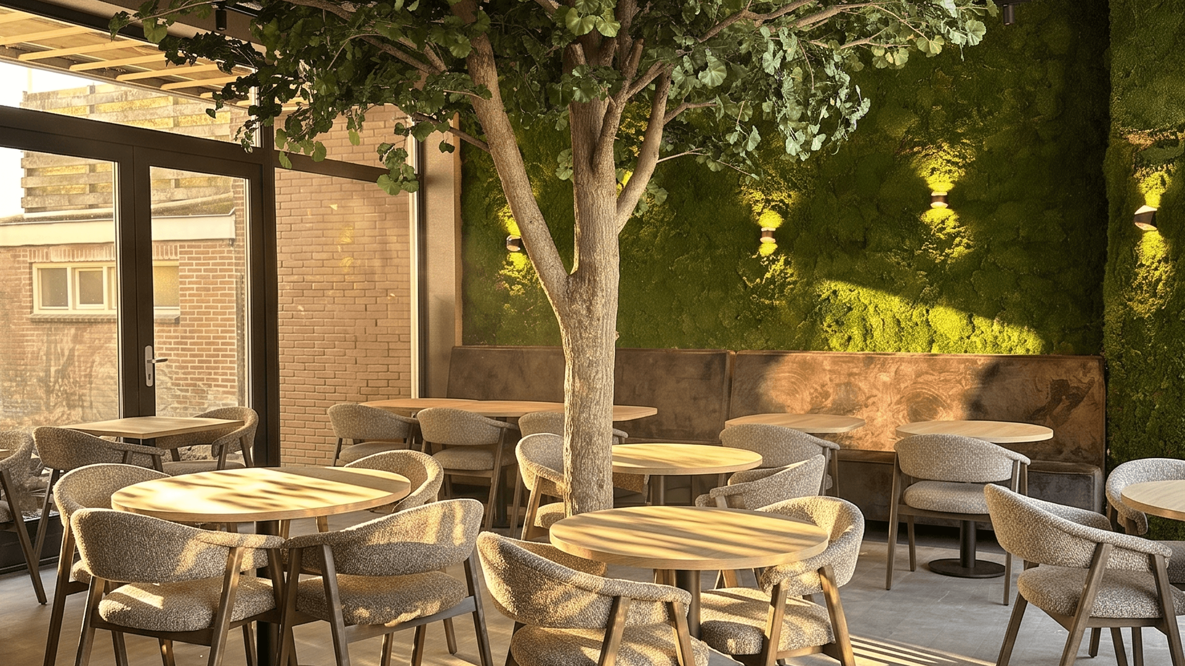 Restaurant bar with guests seated at tables and bartenders at work.