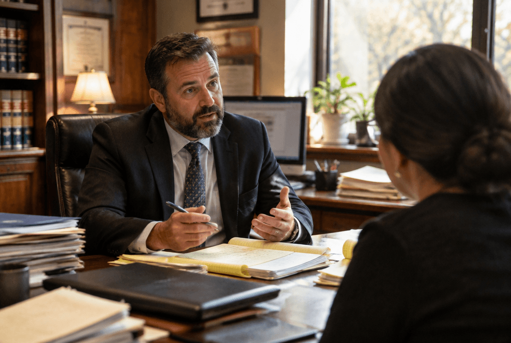 Attorney discussing keyword strategy with a client across a desk