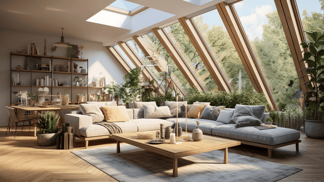 Bright attic living room with angled skylights, natural wood beams, sectional sofa, and indoor plants