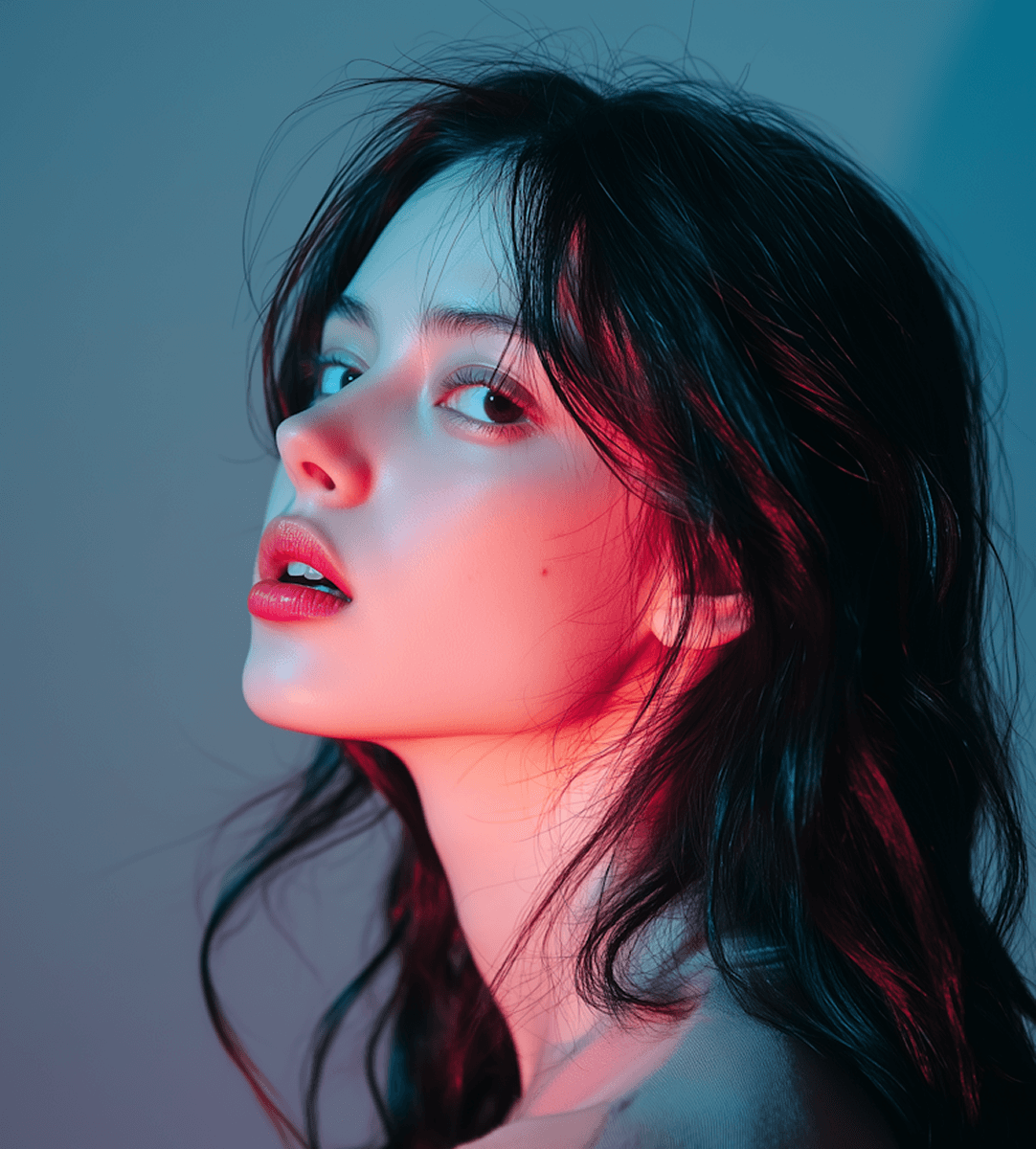 A woman with long hair stands in front of a red light, creating a dramatic and striking visual effect.