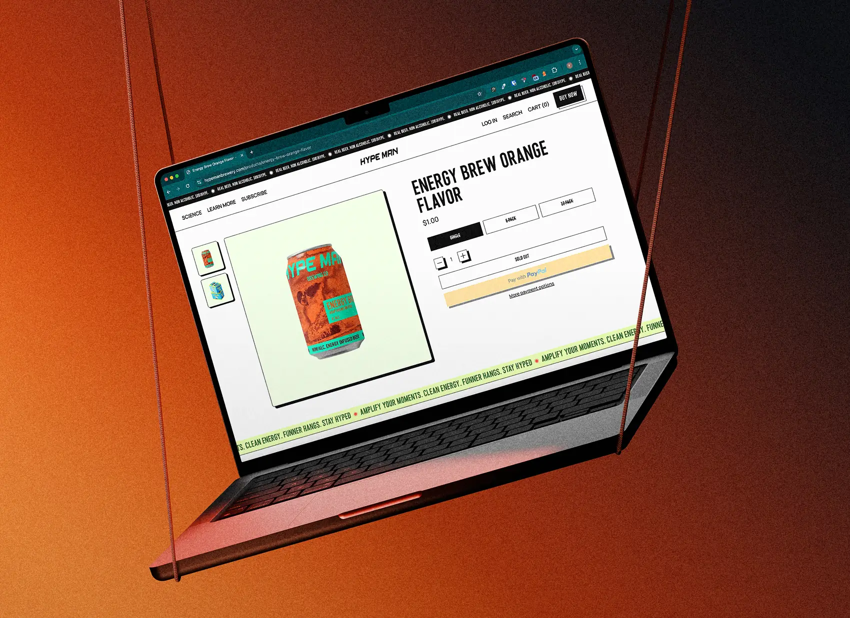Laptop mockup suspended on an orange backdrop showing the Hypeman checkout screen.