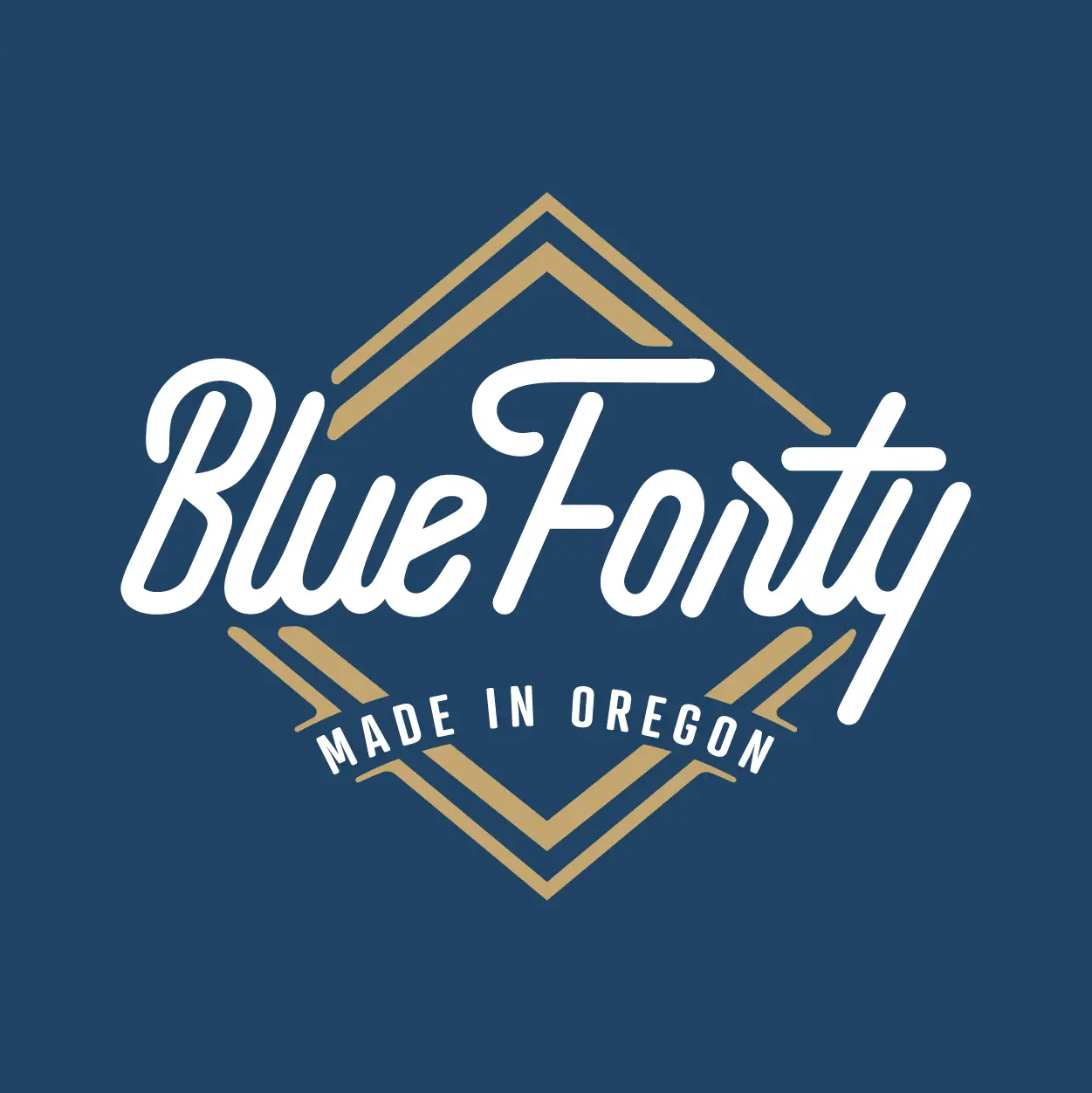 Blue Forty primary logo inside a double diamond outline with “Made in Oregon” tagline curved along the bottom, breaking through the diamond shape.