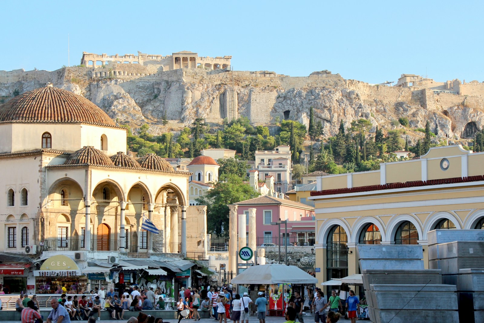 Women walking through the streets of central Athens during the day
