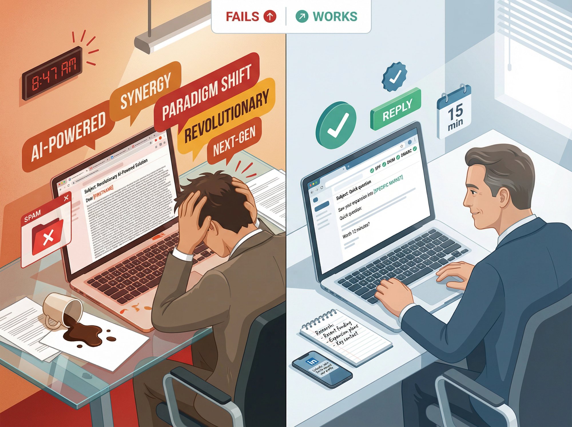 Split-screen editorial illustration contrasting chaotic bad cold email practices with clean effective CEO outreach