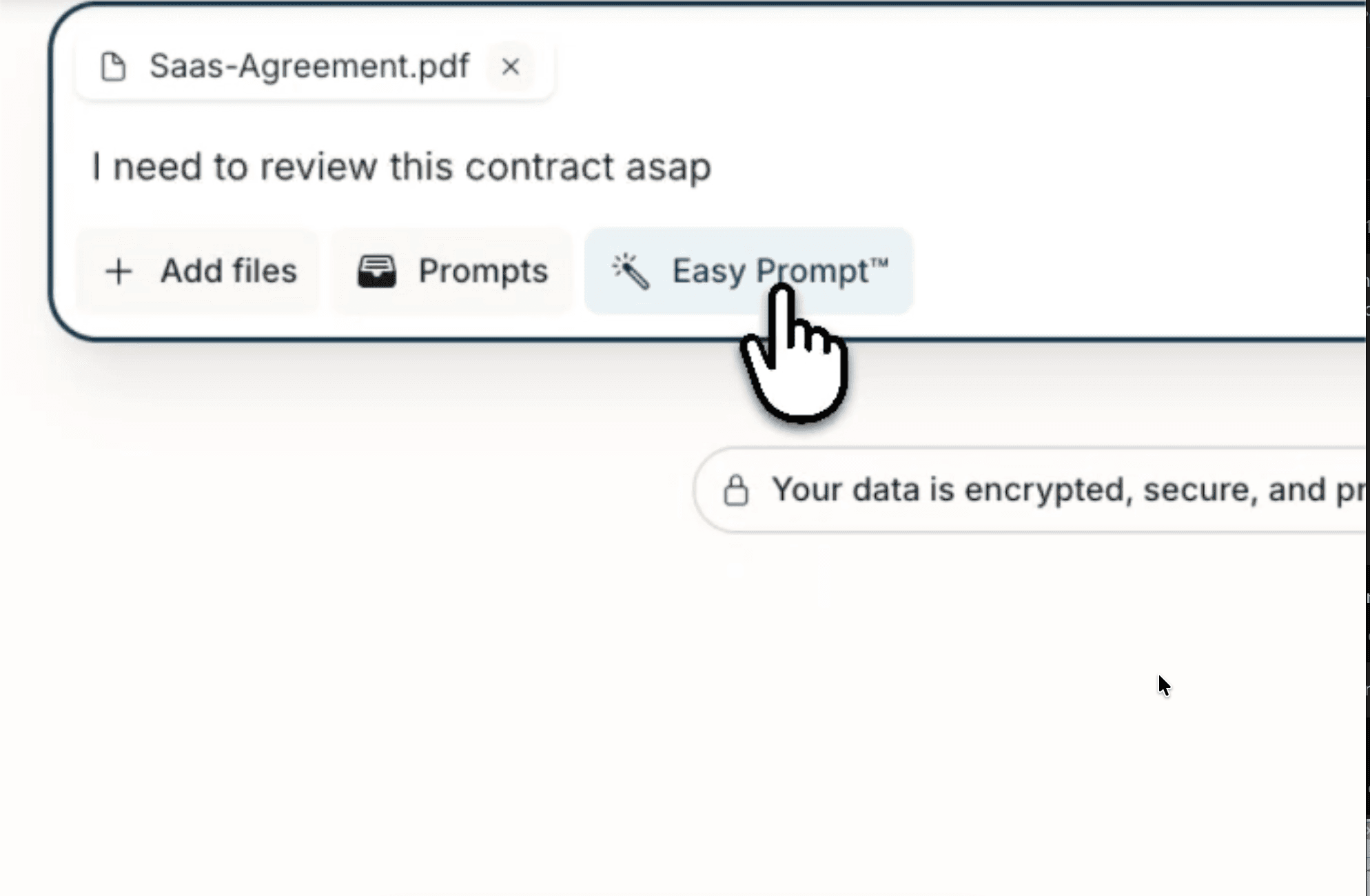 GC AI textbox with the words "I need to review this contract asap" with cursor hovering on Easy Prompt button