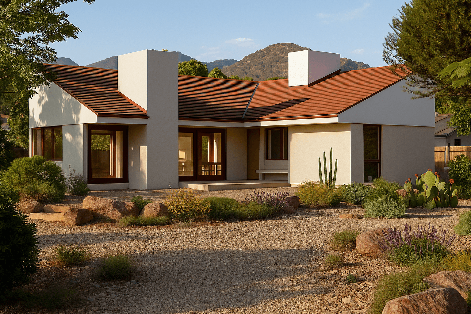 Modern white cottage with a steep roof and desert landscaping.