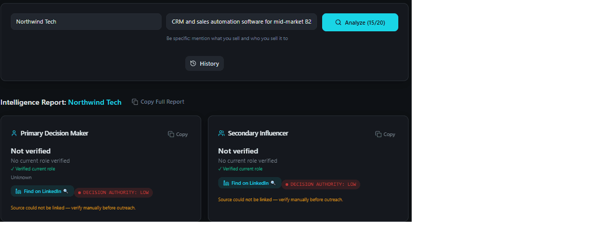 Intelligence report showing search bar and decision maker cards