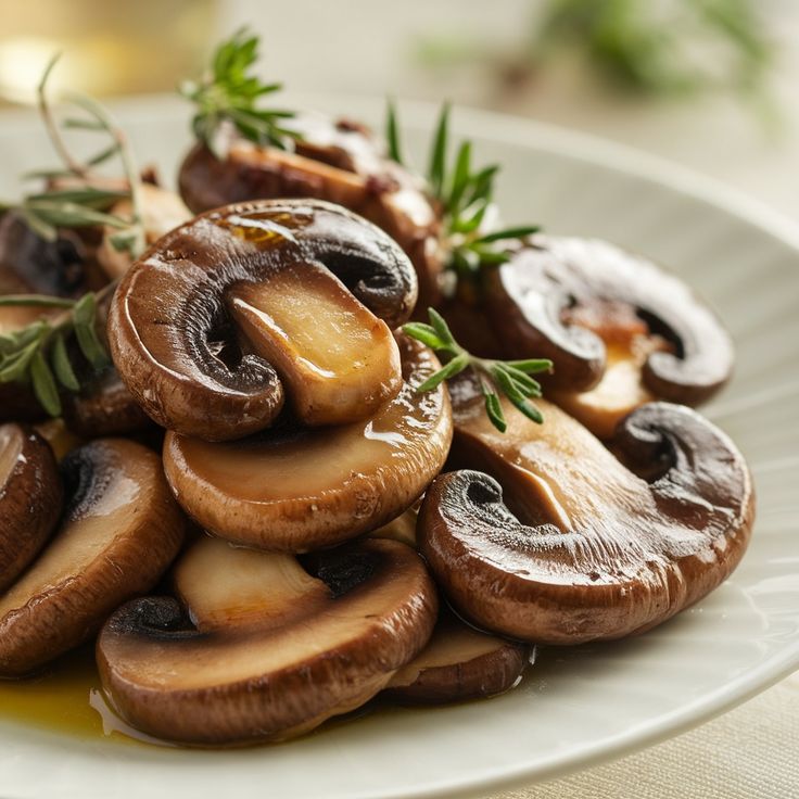 Sautéed mushrooms with a golden sear, garnished with fresh parsley, served 