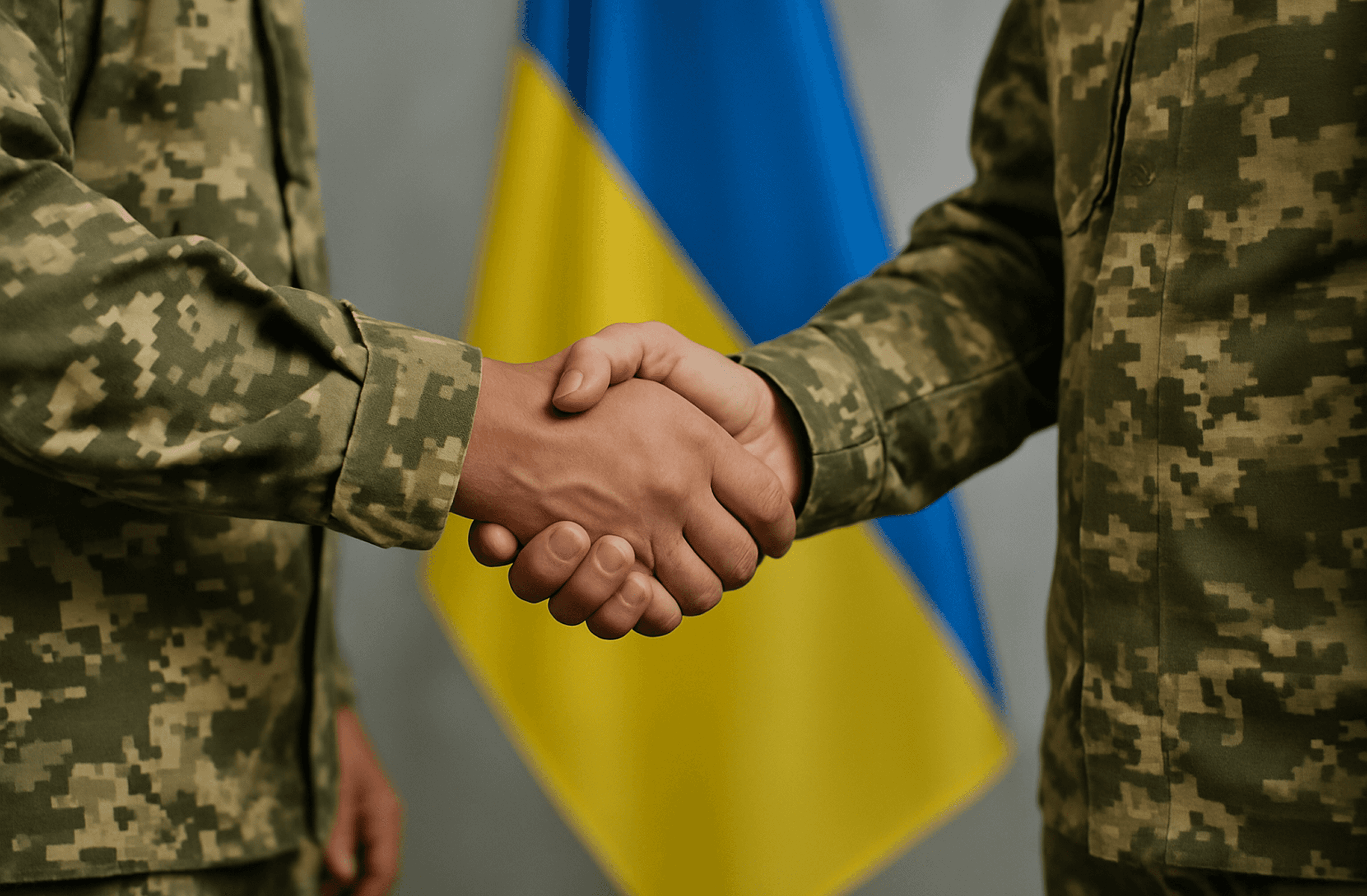 soldados acordando un trato con la bandera de Ucrania