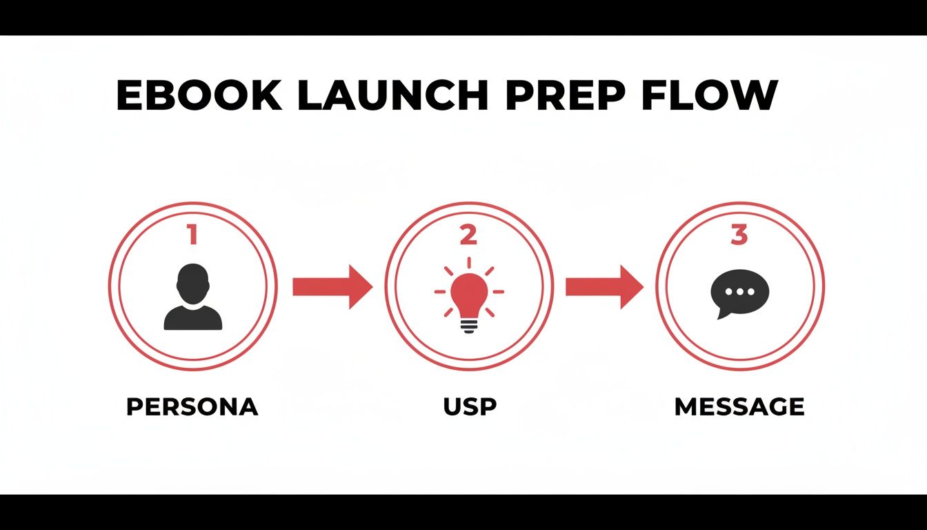 Flowchart illustrating the ebook launch preparation process, showing steps for persona, USP, and message.