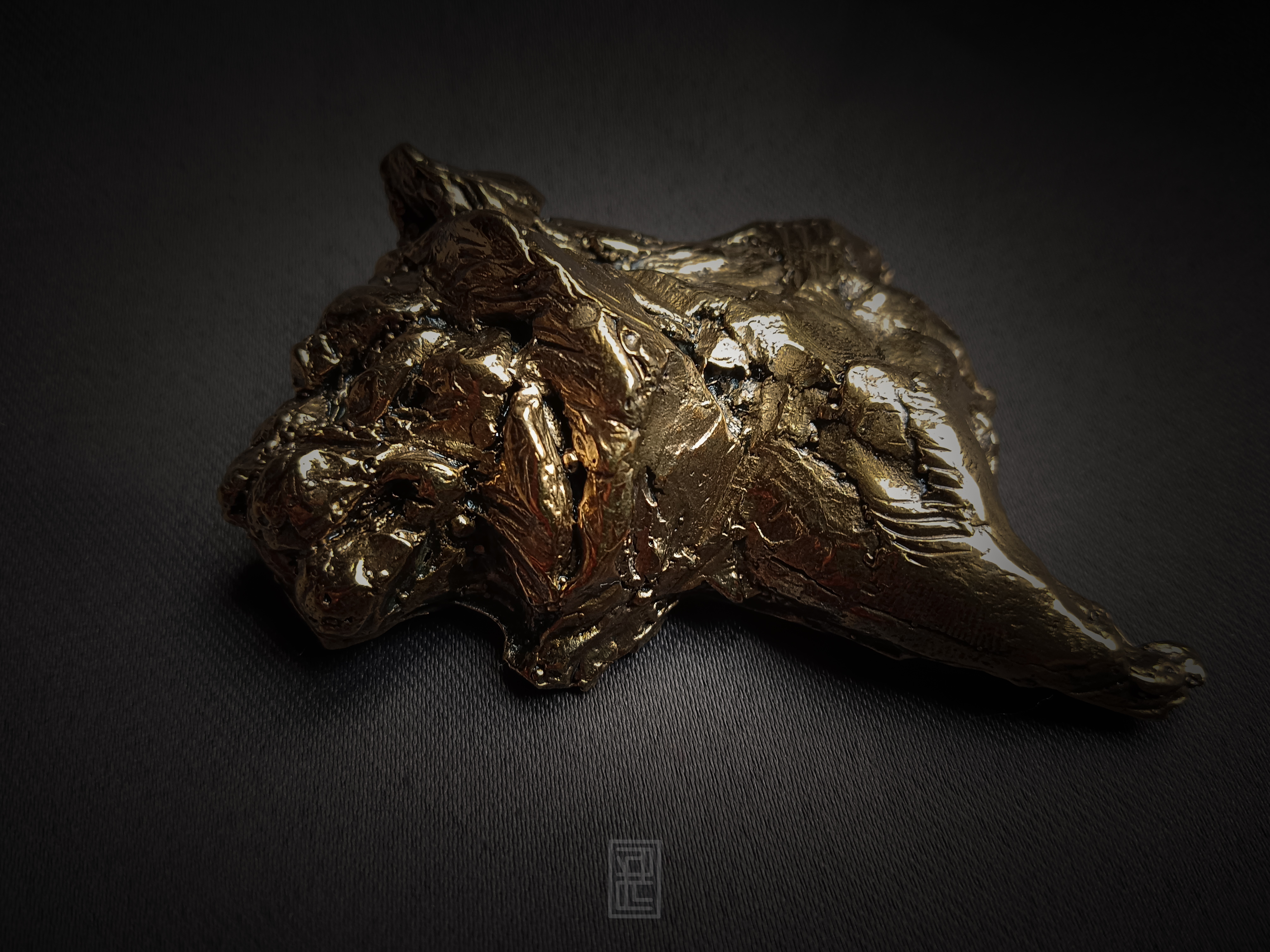 Handcrafted impressionistic Bronze Tiger Brooch wearable sculpture from wearables collection by sculptor Priyam Tiwari