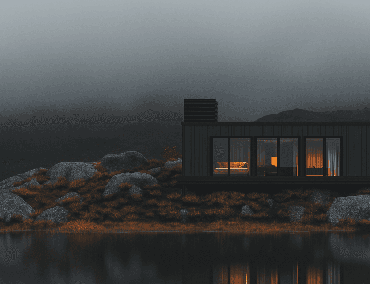     Dark modern cabin beside a reflective lake in foggy evening conditions