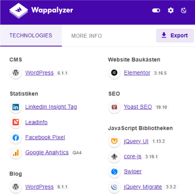 Ausgabe Wappalyzer Browser Erweiterung - internetwarriors