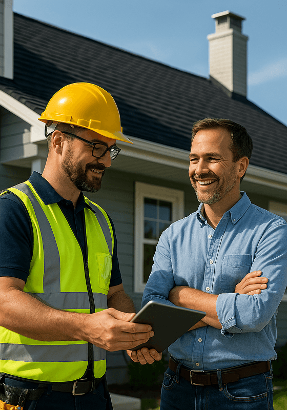 Homeowners discussing roof financing options