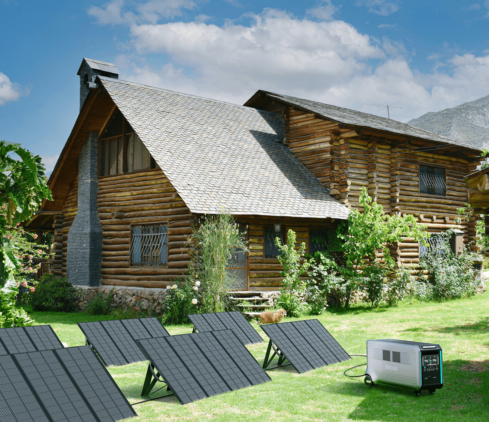 Solar panels and a portable generator set up in the yard of a log cabin