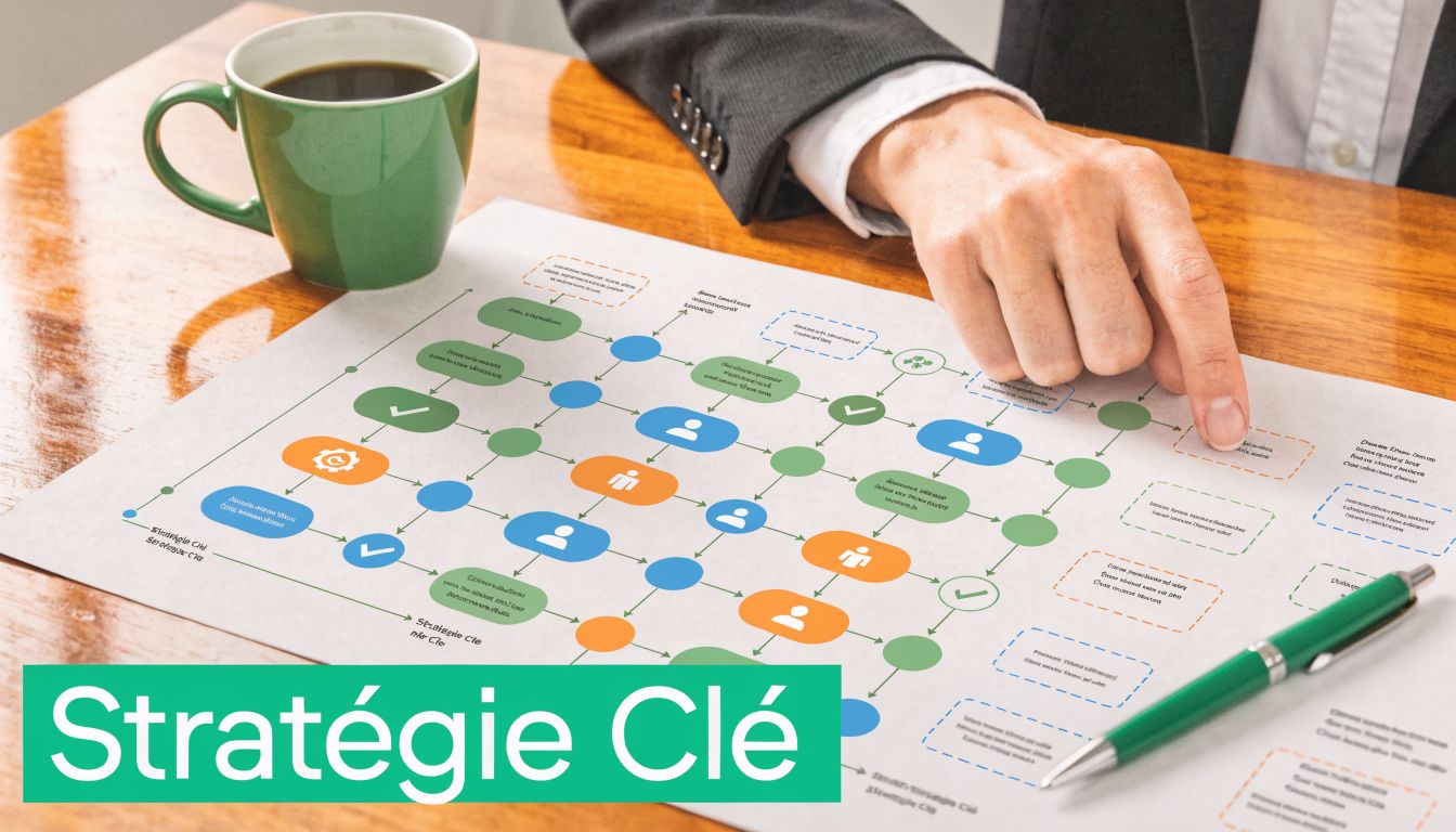 Une personne pointant du doigt un organigramme de stratégie commerciale sur un bureau avec un café.