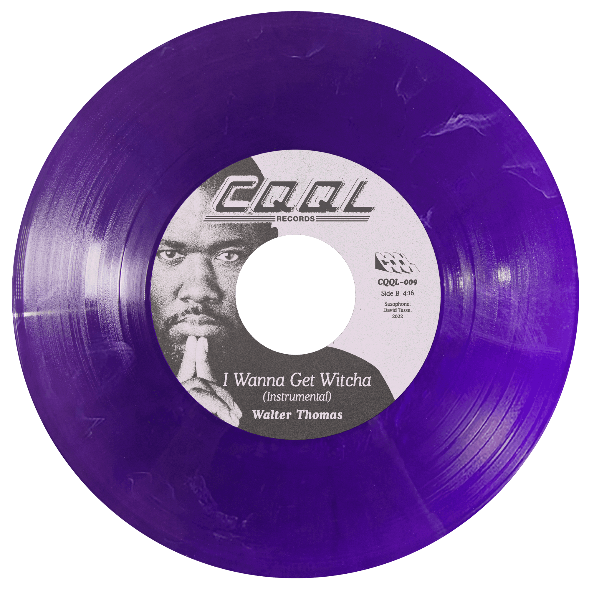 Purple vinyl record with a label featuring a person's face and text.