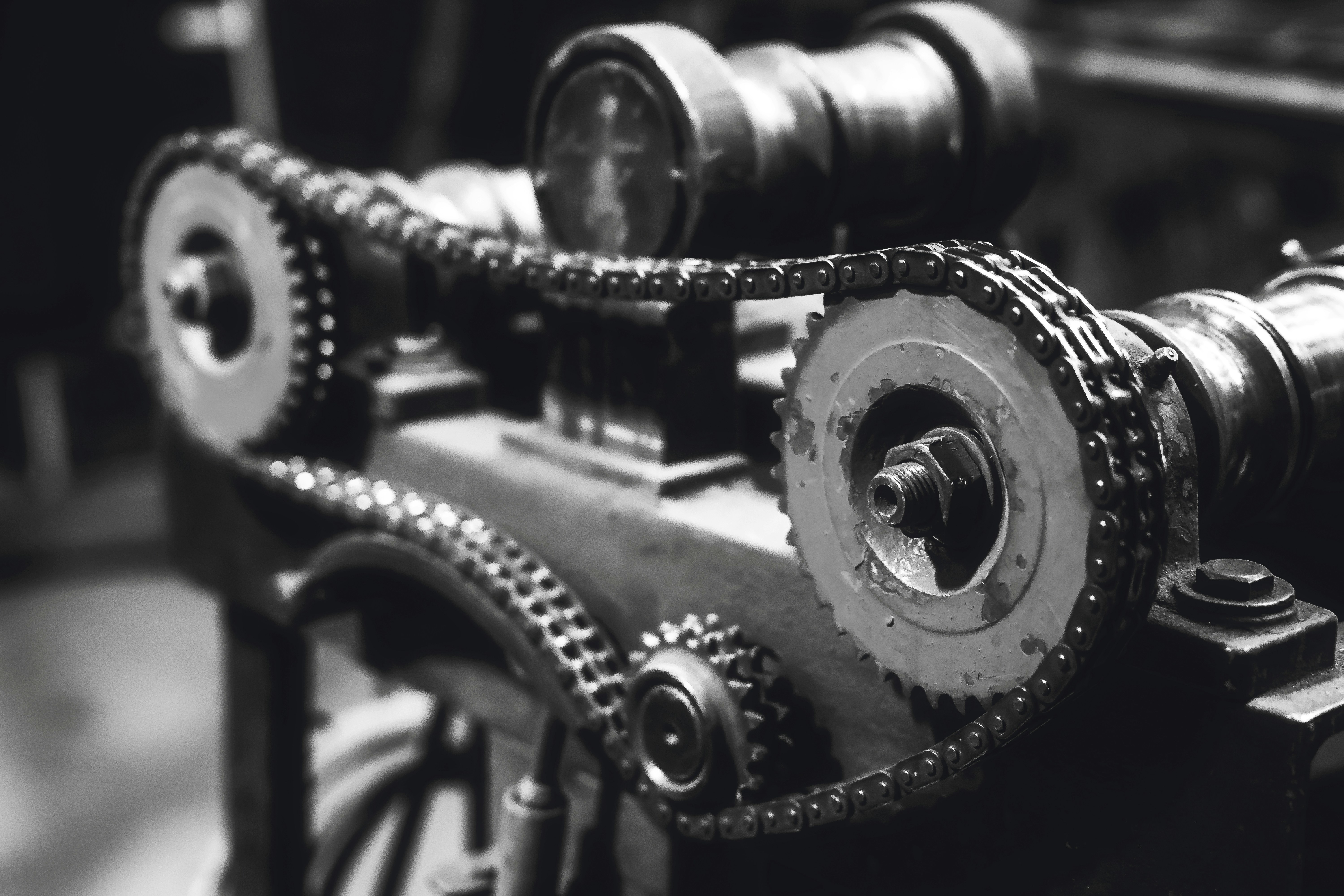 A timing chain and gears in black and white