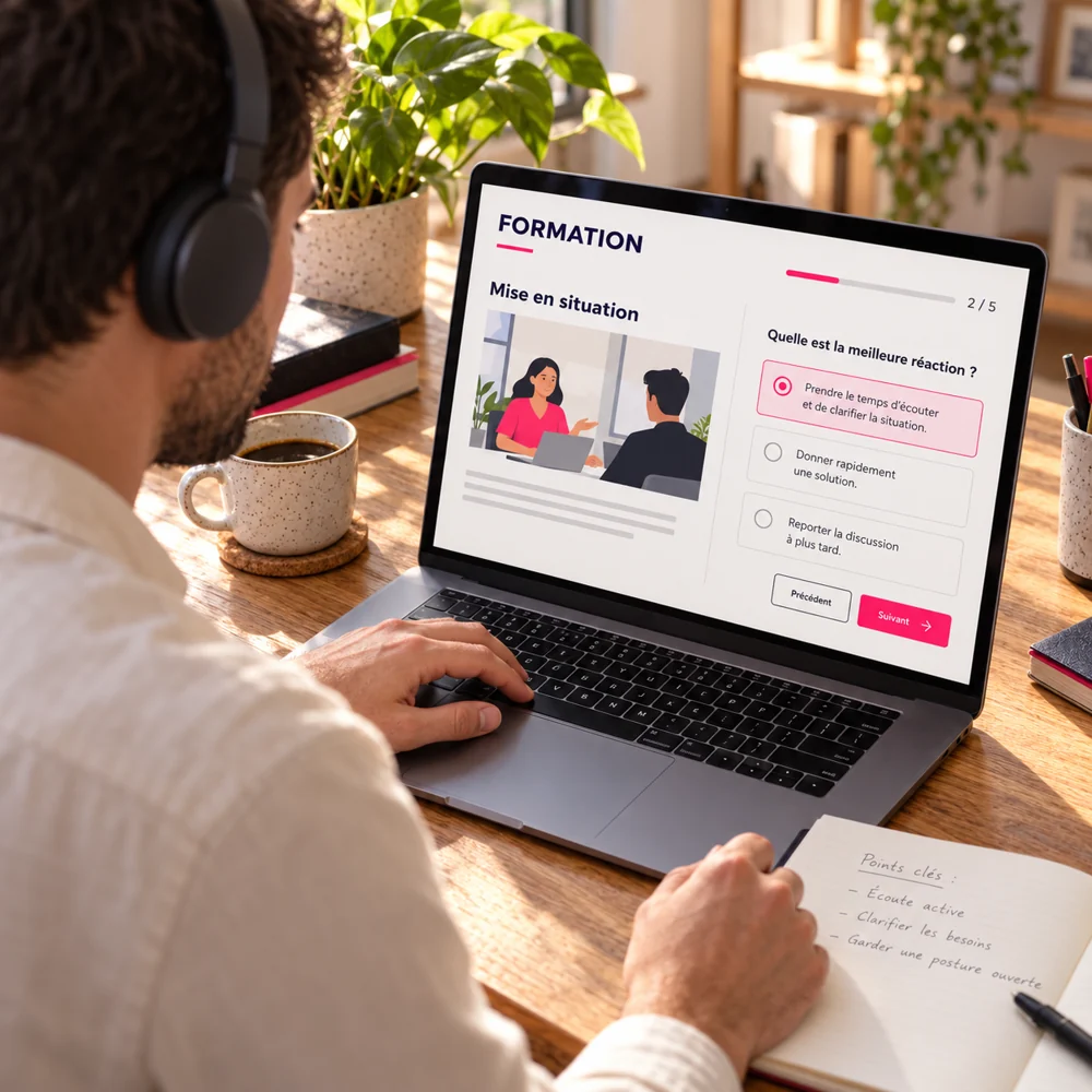Une personne suit un module e-learning et répond à une mise en situation sur son ordinateur.