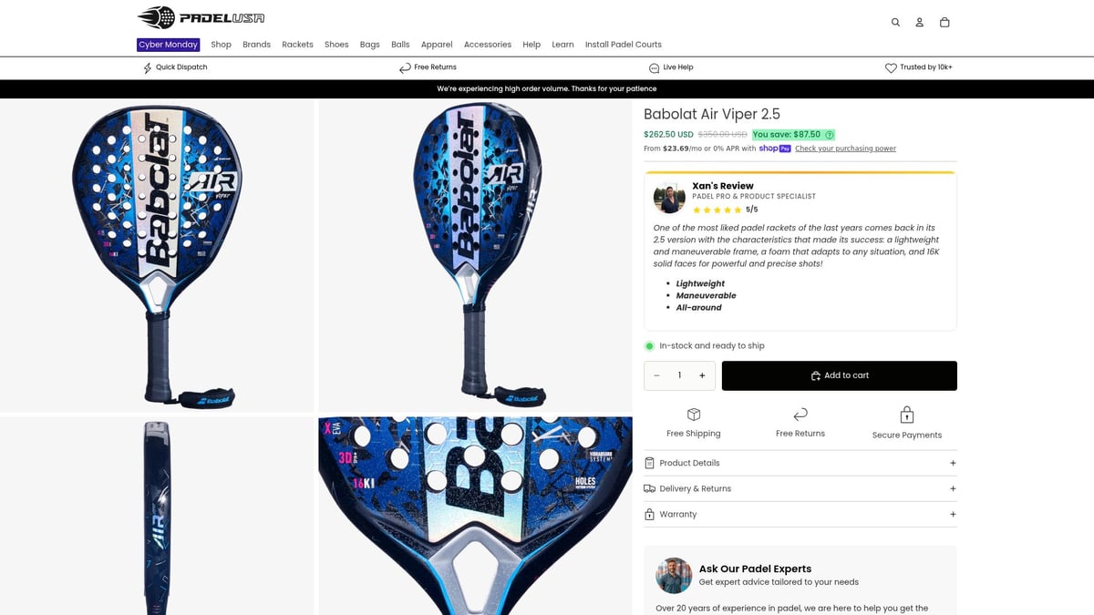 7 Must-See Padel Black Friday Deals for 2026 - Babolat Air Viper 2.5 2025 Racket