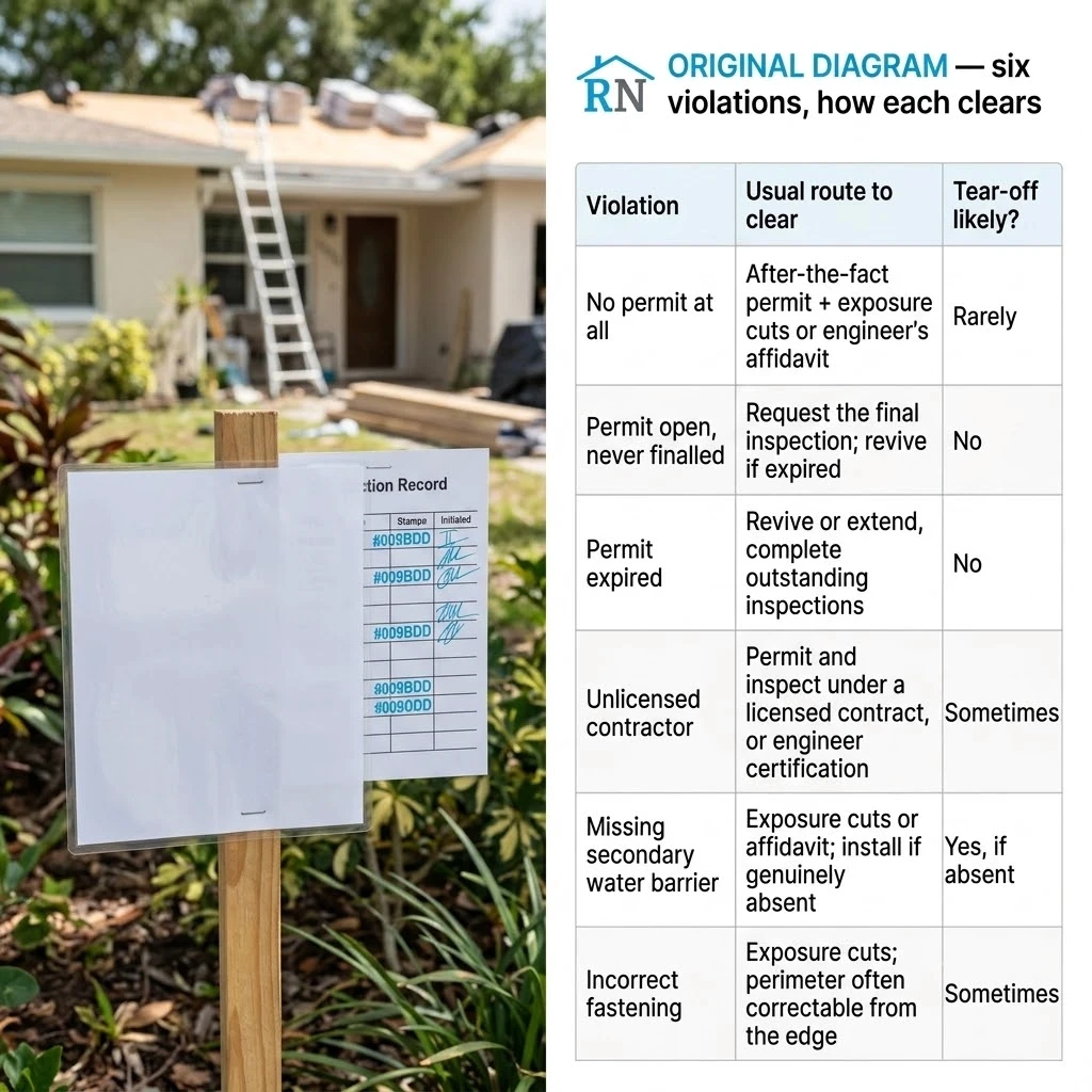 Roofing permit card and inspection record posted at a Broward County job site