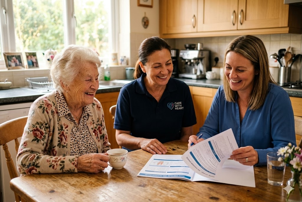 Family and care professional reviewing papwerwork at a kitchen table