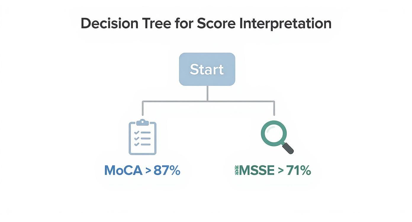 A decision tree diagram for score interpretation, branching from 'Start' to 'MoCA > 87%' and 'MSSE > 71%'.